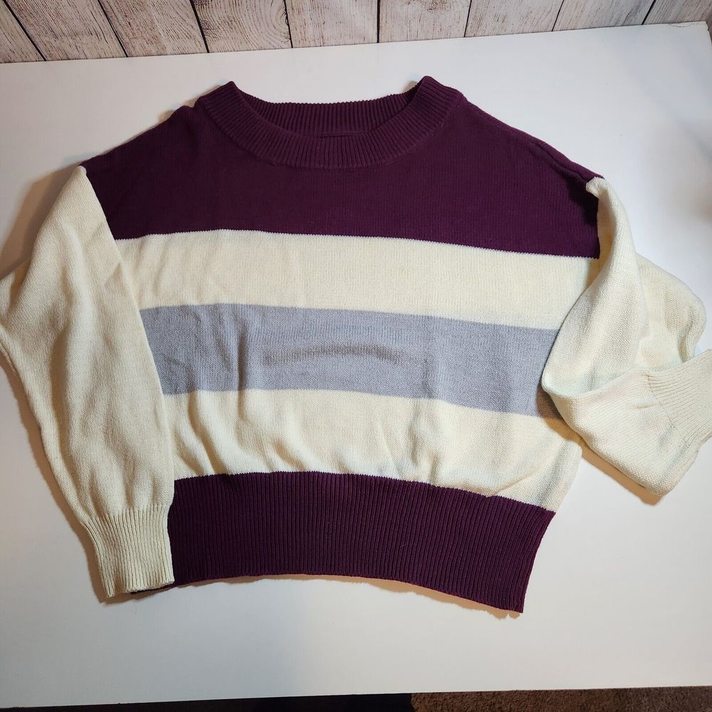 Lucky Brand Sweater Womens XL Purple Ivory Striped Long Sleeve Knit Pullover